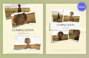 Set of two fashion Instagram post templates featuring "Coming Soon" headlines with torn paper photo collages, warm golden hour portrait photography, and elegant serif typography on soft sage green backgrounds