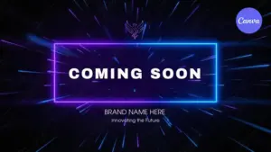 Coming Soon video template for Canva featuring neon purple blue speed lines with glowing frame phoenix logo and brand name placeholder on dark background