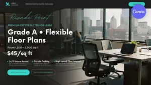 Commercial real estate flyer template featuring modern office space photography, teal accents, and professional lease listing design for Canva