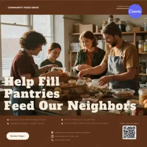 Community food drive poster template with warm brown tones, volunteers helping at pantry, donation guidelines, October 12 date, QR code, and donate today button