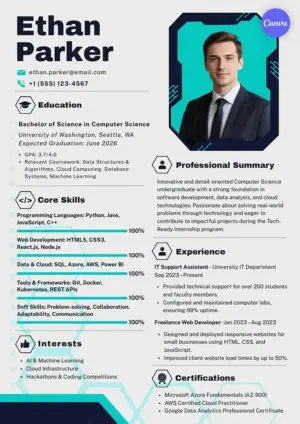 Computer science student resume template for Canva with dark teal hexagonal design, programming skills, and cloud certifications
