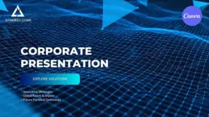 Corporate Presentation video template for Canva featuring blue digital wave network with glowing particles company logo and explore solutions button