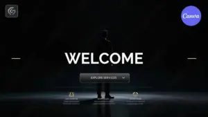Corporate Welcome video template for Canva featuring businessman silhouette on dark background with explore services button and expertise technology client focus sections