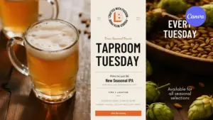 Free craft beer poster template with frothy beer mug, hops and barley photos, taproom Tuesday event, seasonal IPA feature, $6 pints pricing, and orange join the tasting button