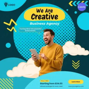 Creative agency Instagram template with Memphis-style design featuring excited man holding tablet on teal background
