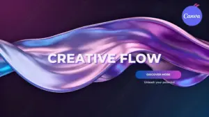 Creative Flow video template for Canva featuring purple and pink abstract silk wave animation on dark background with discover more button