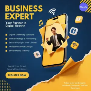 Digital marketing Instagram template featuring navy blue and yellow design with smartphone mockup and social media service icons