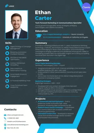 Digital marketing manager resume template for Canva with dark cyan design, AI marketing skills, and analytics experience