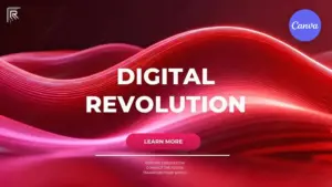 Digital Revolution video template for Canva with red abstract wave animation featuring learn more button and innovation taglines on gradient background