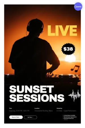 DJ event poster template with atmospheric sunset silhouette, orange backdrop, $38 price badge, Saturday 6PM-11PM at Oceanview Rooftop Miami, and reserve ticket buttons