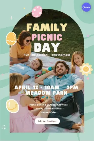 Easter family picnic poster template with happy family outdoors, cheerful pastel mint green background, Easter eggs, April date at Meadow Park, and free entry button