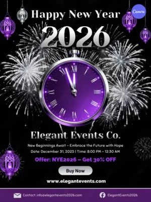 Elegant purple and black Happy New Year 2026 poster template with vintage clock, fireworks, and decorative lanterns for Canva