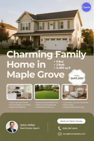 Family home real estate flyer template with olive green design, multi-photo layout showcasing suburban property listing for Canva