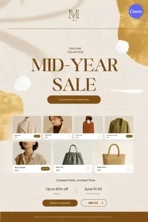 Fashion sale poster template with elegant beige gold design, clothing and accessories product grid, up to 50% off, June 10-20 dates, and explore collection button