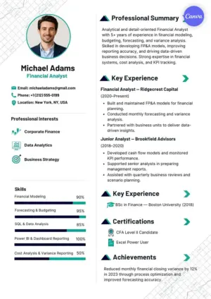 Financial analyst resume template for Canva with teal accents, skill proficiency bars, and certifications section