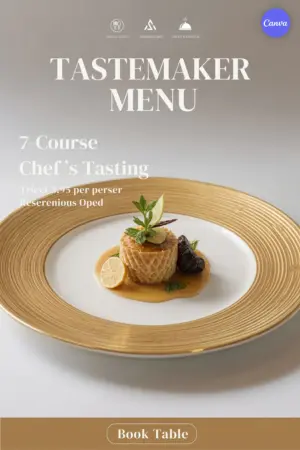 Fine dining menu poster template with elegant gold-rimmed plate, gourmet dessert presentation, 7-course chef tasting details, and gold book table button for upscale restaurant