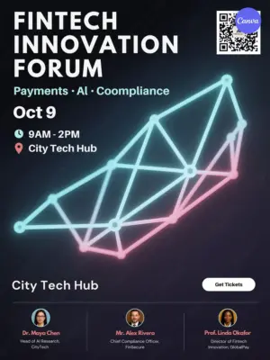 Fintech conference poster template with dark blue background, glowing 3D geometric network design, speaker photos, event date October 9, and QR code for tech event promotion