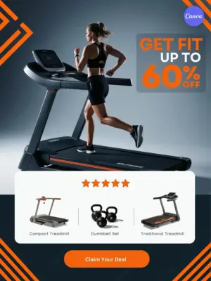 Fitness equipment sale flyer template featuring gym gear discount design, treadmill photography, and 60% off promotion for Canva