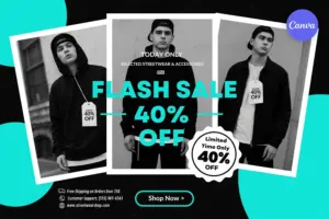 Flash sale flyer template featuring black and cyan design, urban streetwear fashion photography with 40% discount promotion for Canva