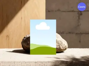 Flyer mockup vertical standing against stone and wood with natural lighting for print design presentation in Canva