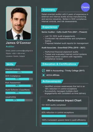 Free auditor resume template for Canva with dark background, cyan skill bars, and SOX compliance experience