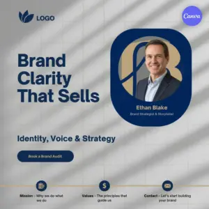 Free brand strategist Instagram template featuring elegant navy blue design with professional headshot and brand audit call-to-action