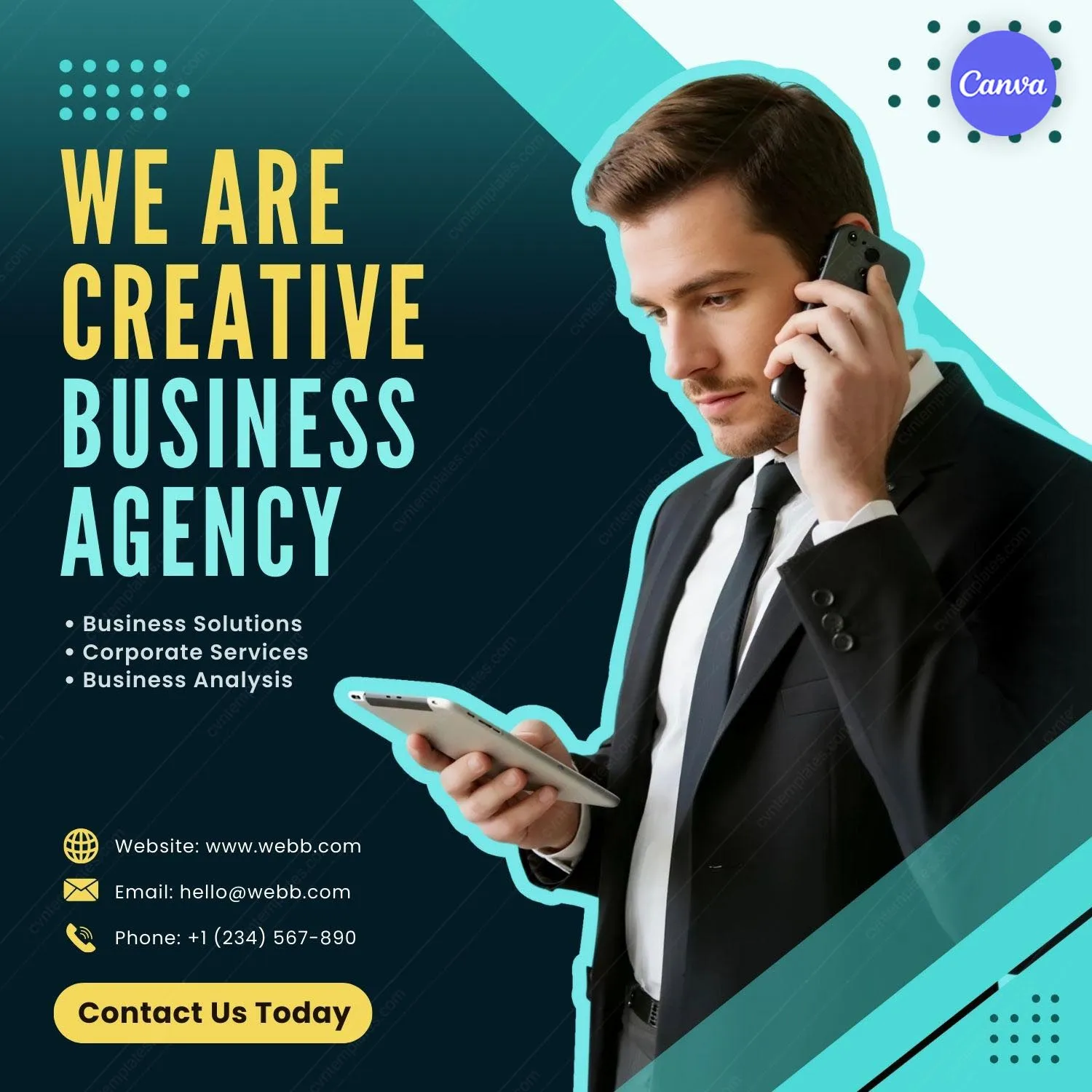 Free business agency Instagram template featuring a businessman on phone with creative teal and yellow branding and contact information