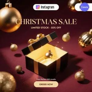 Free Christmas sale Instagram template with luxury gold gift box ornaments and 50 percent off on burgundy background