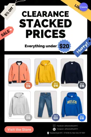 Free clearance sale flyer template featuring colorful clothing grid, stacked prices under $20, and urgent fashion promotion design for Canva