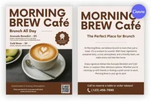Free coffee shop flyer template featuring cozy café design, latte art photography, and organic brunch menu for Canva