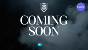 Free Coming Soon video template for Canva featuring elegant white serif text with dramatic smoke effects shield logo and play button on dark moody background