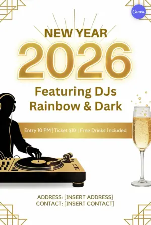 Free minimalist DJ New Year 2026 party poster template with gold accents, turntable silhouette, and champagne glass on white background