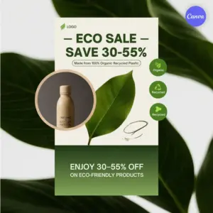 Free eco-friendly Instagram story template with green sustainable design featuring recycled bottle product and tropical leaves
