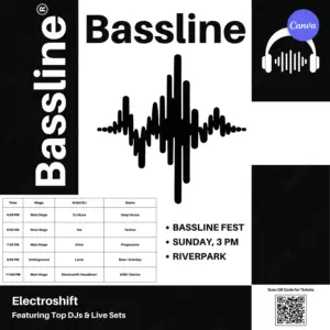 Free EDM festival flyer template with minimalist black and white design, sound wave graphics, and DJ lineup schedule for electronic music events in Canva