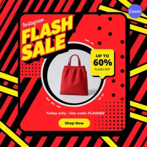 Free flash sale Instagram template with bold red and yellow pop art design featuring handbag and 60 percent off discount code