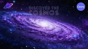 Free galaxy video template for Canva featuring purple spiral galaxy and starry space background with planet icon and elegant typography