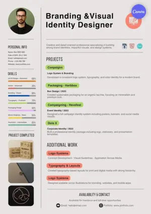 Free graphic designer resume template for Canva with skills bars, portfolio thumbnails, and modern two-column layout in neutral tones