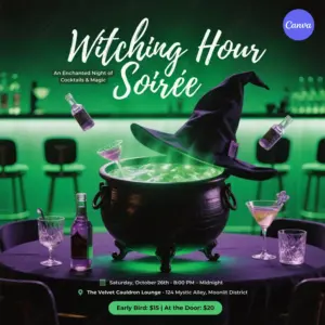 Free Halloween cocktail party Instagram template with bubbling cauldron witch hat and glowing green potion
