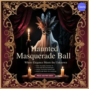 Free Halloween masquerade ball Instagram template with ornate gold frame and masked figure against burgundy velvet curtains