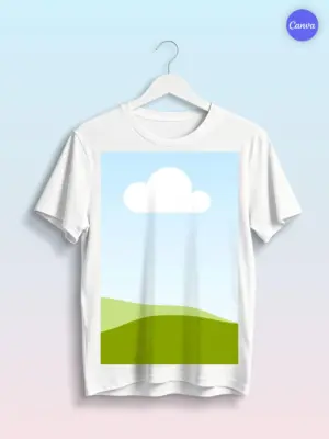 Free hanging t-shirt mockup on wooden hanger with pastel gradient background for apparel design presentation in Canva