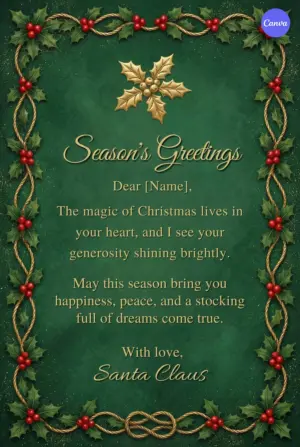 Free Santa letter template with elegant emerald green background featuring golden holly border decorations and Season's Greetings message from Santa Claus