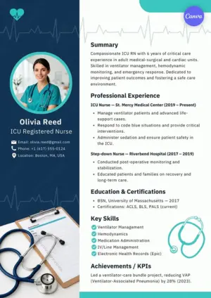 Free ICU nurse resume template for Canva with navy teal design, heartbeat graphics, and critical care skills checklist