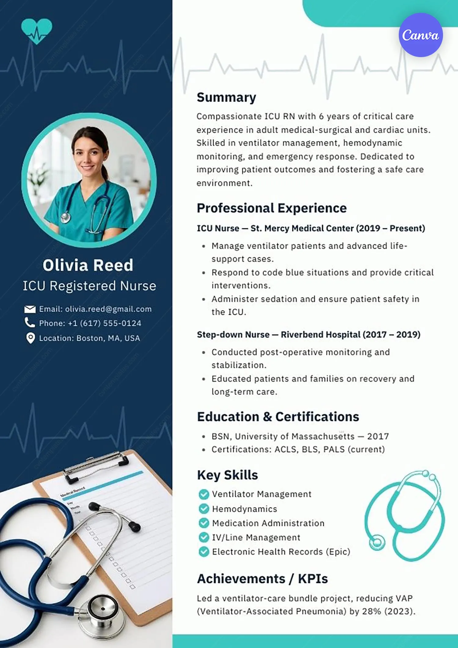 Free ICU nurse resume template for Canva with navy teal design, heartbeat graphics, and critical care skills checklist