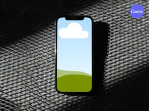 Free iPhone mockup on dark metal mesh grid surface with shadow for mobile app presentation in Canva