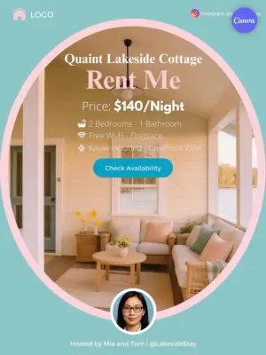 Free lakeside cottage rental flyer template featuring pastel design, lakefront photography, and vacation property amenities listing for Canva