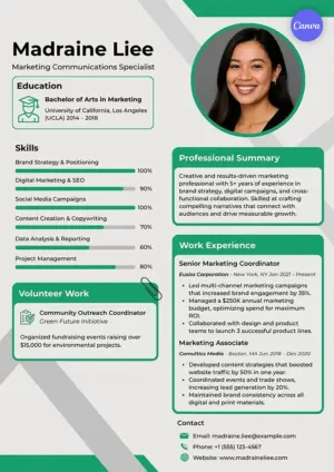 Free marketing coordinator resume template for Canva with clean green white design, skill bars, and brand marketing experience