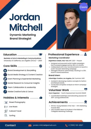 Free marketing student resume template for Canva with navy orange design, brand strategy skills, and internship experience
