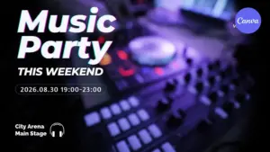 Free Music Party video template for Canva featuring DJ mixing console with purple lighting showing event date time venue and headphone icon