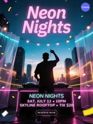 Free neon party flyer template featuring pink and cyan neon DJ silhouette, city skyline backdrop, and rooftop event design for Canva
