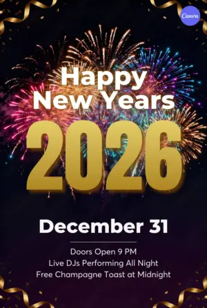 Free New Year's Eve Party 2026 poster template with colorful fireworks and gold typography on dark background